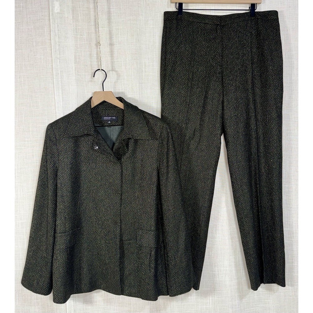 Jones New York Women's Suit Set Blazer Sz 16 Pants 14 Herringbone Wool Office